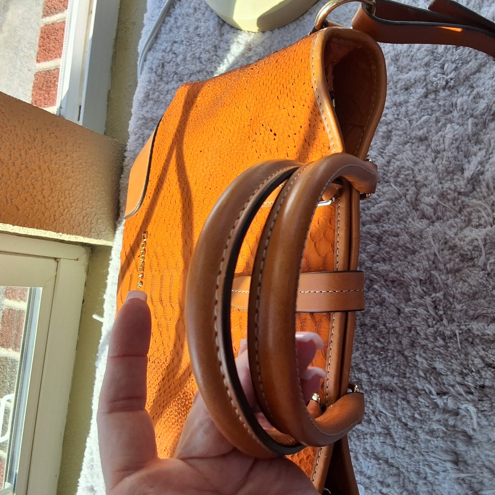 Dooney & Bourke Ostrich Orange and Brown Tote with Structured Design - Picture 11 of 14